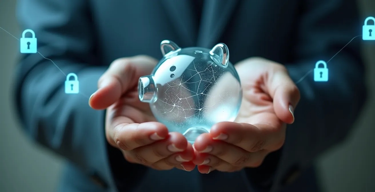 Concept visuel symbolique représentant la protection contre la fraude bancaire pour les personnes en surendettement