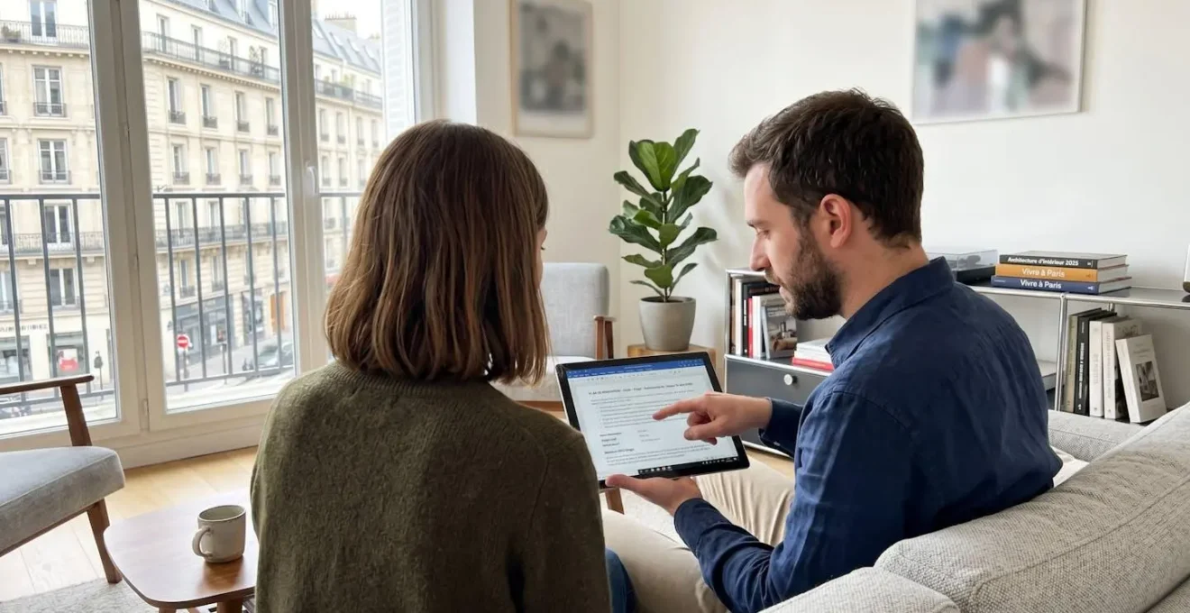 Un couple vu de dos consulte ensemble une tablette sur la table du salon dans une ambiance lumineuse et décontractée