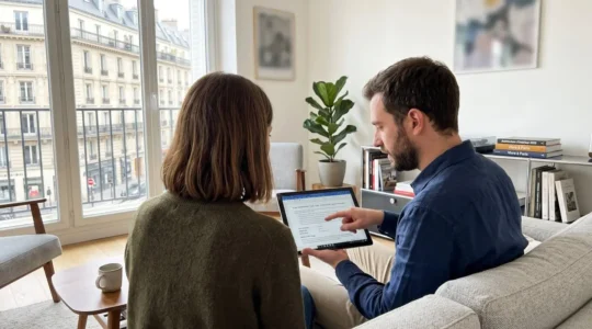 Un couple vu de dos consulte ensemble une tablette sur la table du salon dans une ambiance lumineuse et décontractée