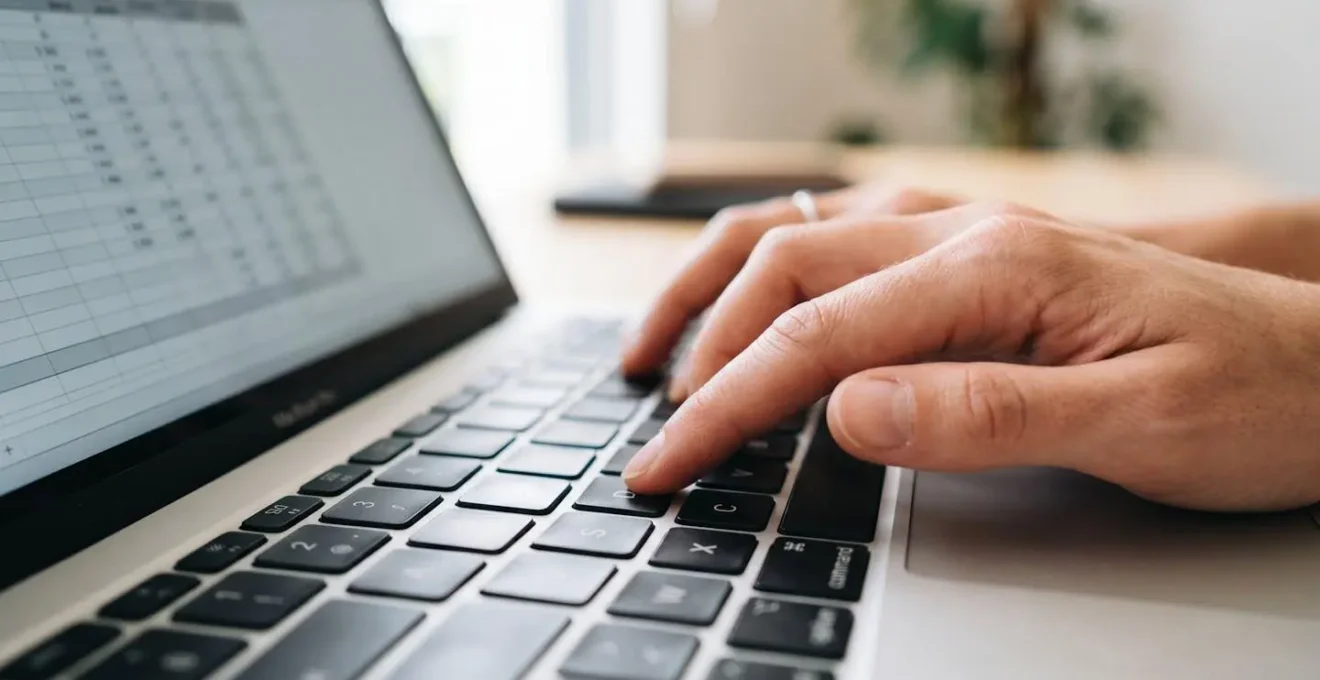Gros plan sur des mains tapant sur un clavier d'ordinateur portable moderne avec un écran flouté montrant un tableur en arrière-plan