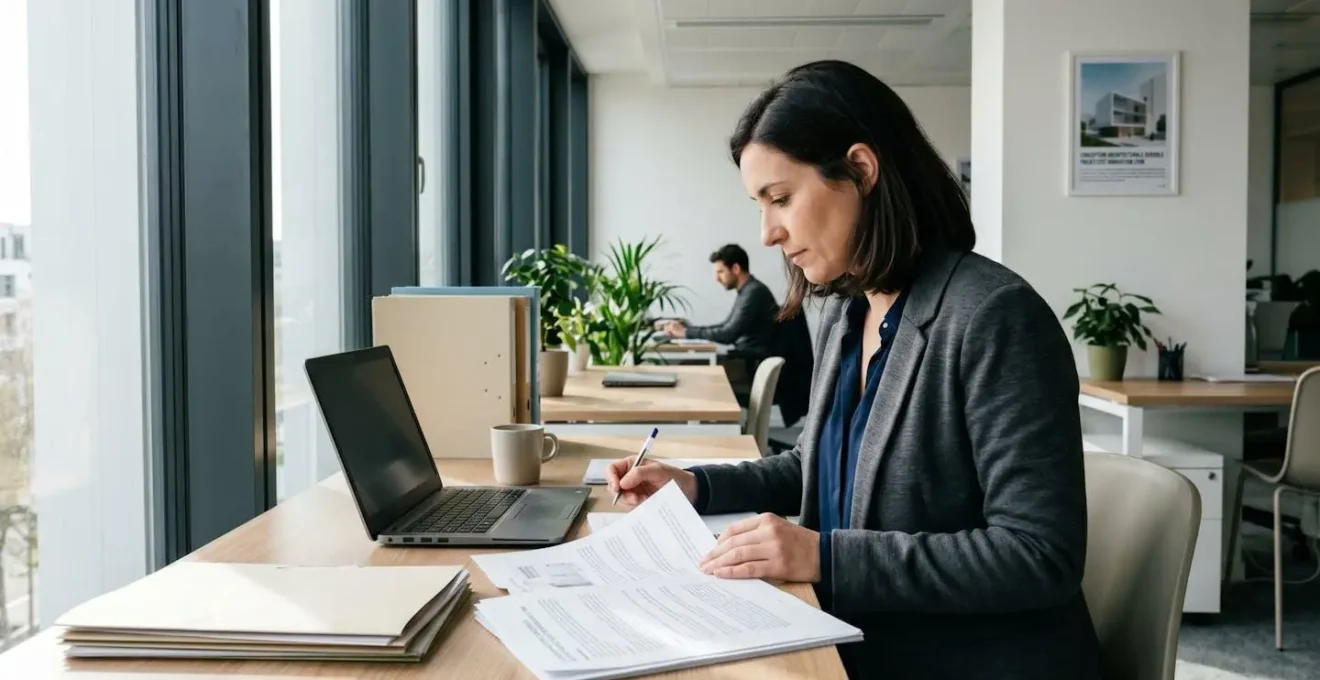 Un professionnel vu de dos consulte attentivement un dossier papier dans un bureau contemporain lumineux avec de grandes fenêtres