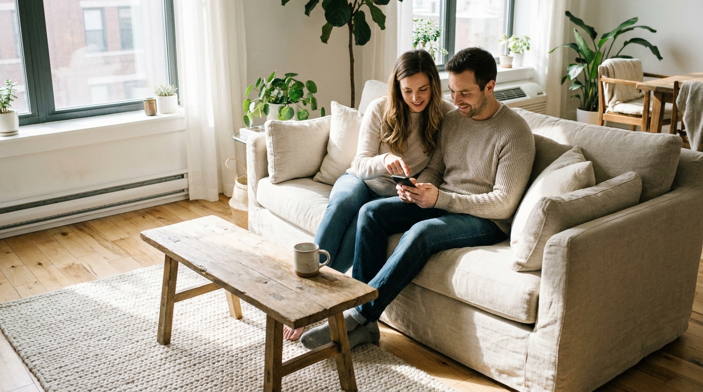 Un couple assis sur un canapé consulte ensemble l'application mobile de leur compte joint bancaire sur un smartphone