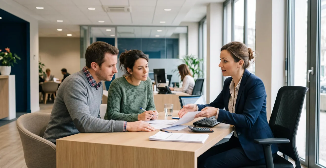 Un couple rencontre un conseiller bancaire dans une agence moderne pour ouvrir un compte joint, avec des documents disposés sur le bureau