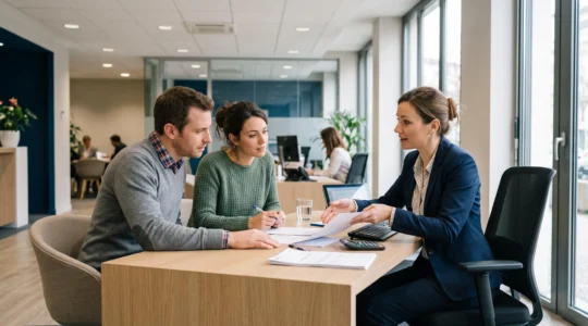Un couple rencontre un conseiller bancaire dans une agence moderne pour ouvrir un compte joint, avec des documents disposés sur le bureau